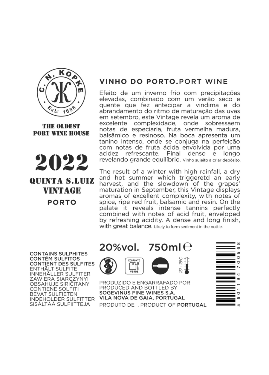 VINHO DO PORTO KOPKE VINTAGE 2022