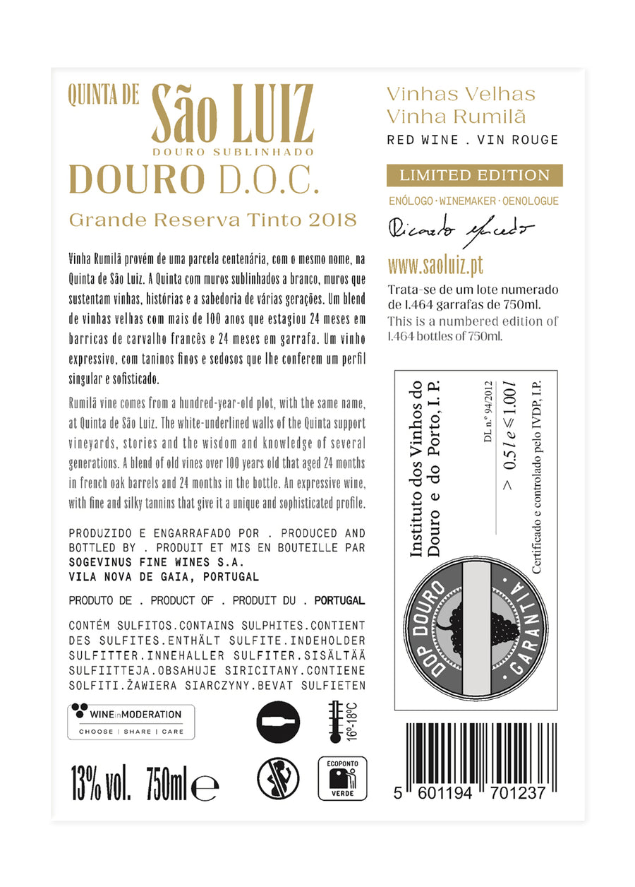 VINHO DOURO SÃO LUIZ VINHA RUMILÃ - GRANDE RESERVA TINTO 2018