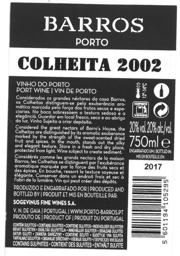 VINHO DO PORTO BARROS COLHEITA 2002 TAWNY